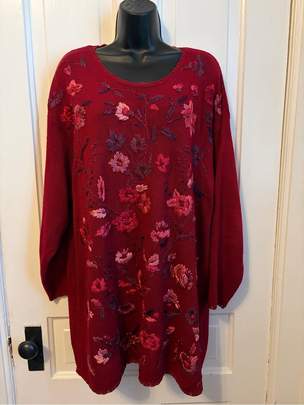 Vintage Lane Bryant Wine Red Embroidered Floral Scoop Neck Sweater Dress